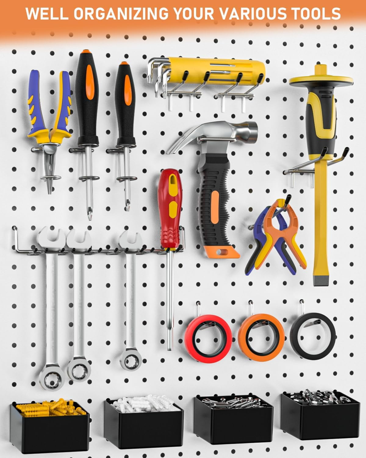 INCLY 122PCS Pegboard Accessories Organizer Kit, Peg Board Hooks Set with Bins for Hanging Various Tools, 1/8 1/4 inch Pegboard Hooks Assortment for Organizing Storage, Garage Wall Attachments