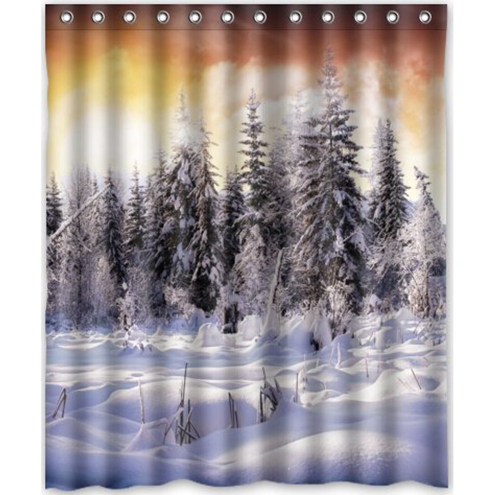 HelloDecor Pine Tree Snow Mountain Shower Curtain Polyester Fabric