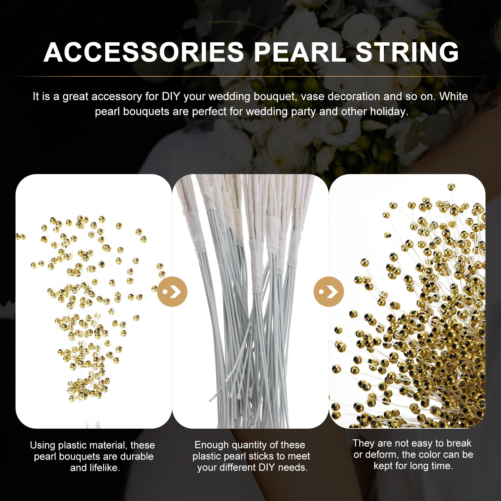 IMIKEYA Pearl Stick Stems Bouquets: 100pcs String Pearls Sticks, 4mm Bead  String Garland Pearls String Floral Beaded Sticks Picks for Wedding