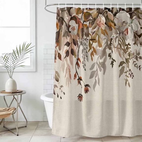 Vintage Leaves Shower Curtain Set, Waterproof Shower Curtains for Bathroom, Farmhouse Botanical Floral Burlap Washable Fabric Cloth Bath Curtain for Bathtub Decoration with Hooks 48x72 Inches