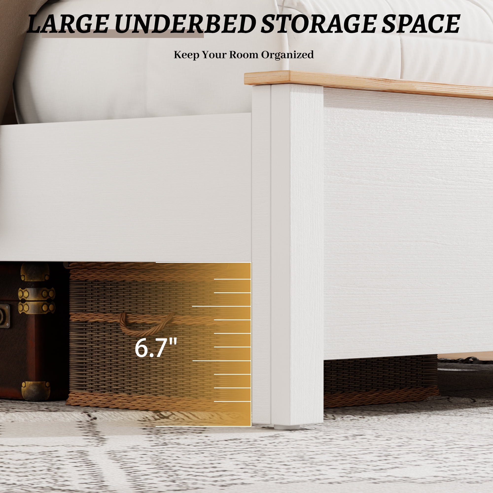 Queen Size Farmhouse Bed Frame with Storage Headboard, Wooden Platform Bed with Charging Station & LED Lights, Strong Metal Slats Support, No Box Spring Needed, White Oak Finish