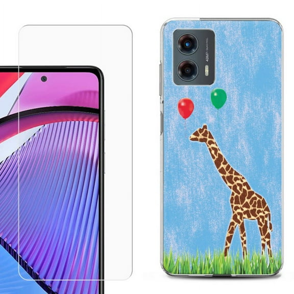 OneToughShield ® Compatible with Motorola Moto G 5G 2023, Shockproof Phone Case, with Tempered Glass Screen Protector - Giraffe/Balloon