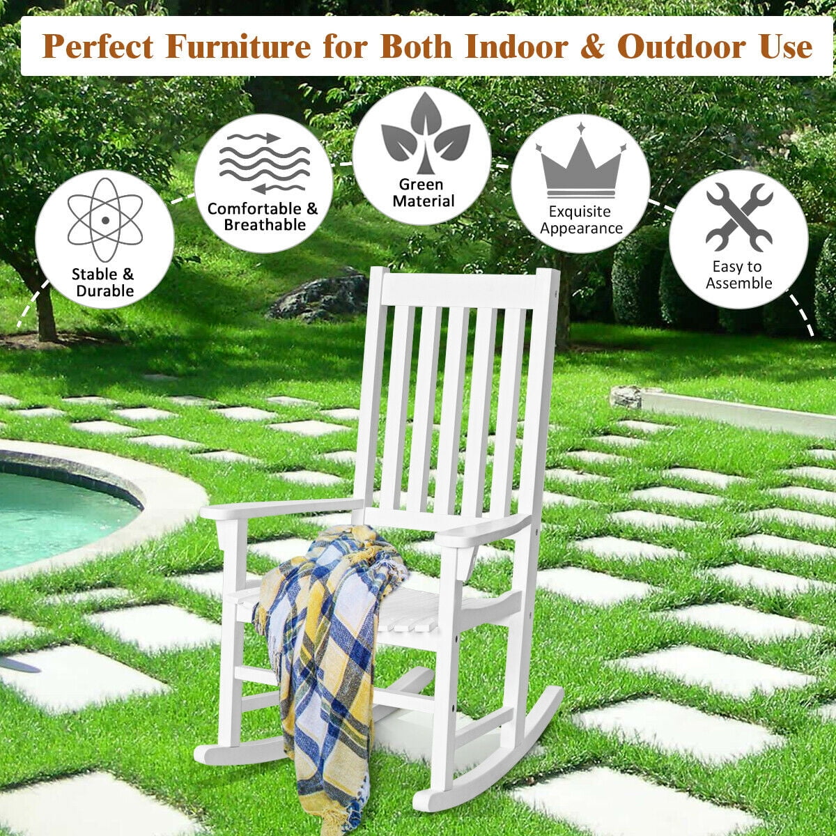 Gymax Wooden Rocking Chair, High Back Porch Rocker White