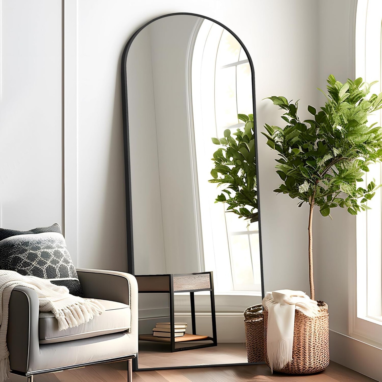 Mirrasia 21.1"x64" Arched Full Length Metal Mirror with stand, Black