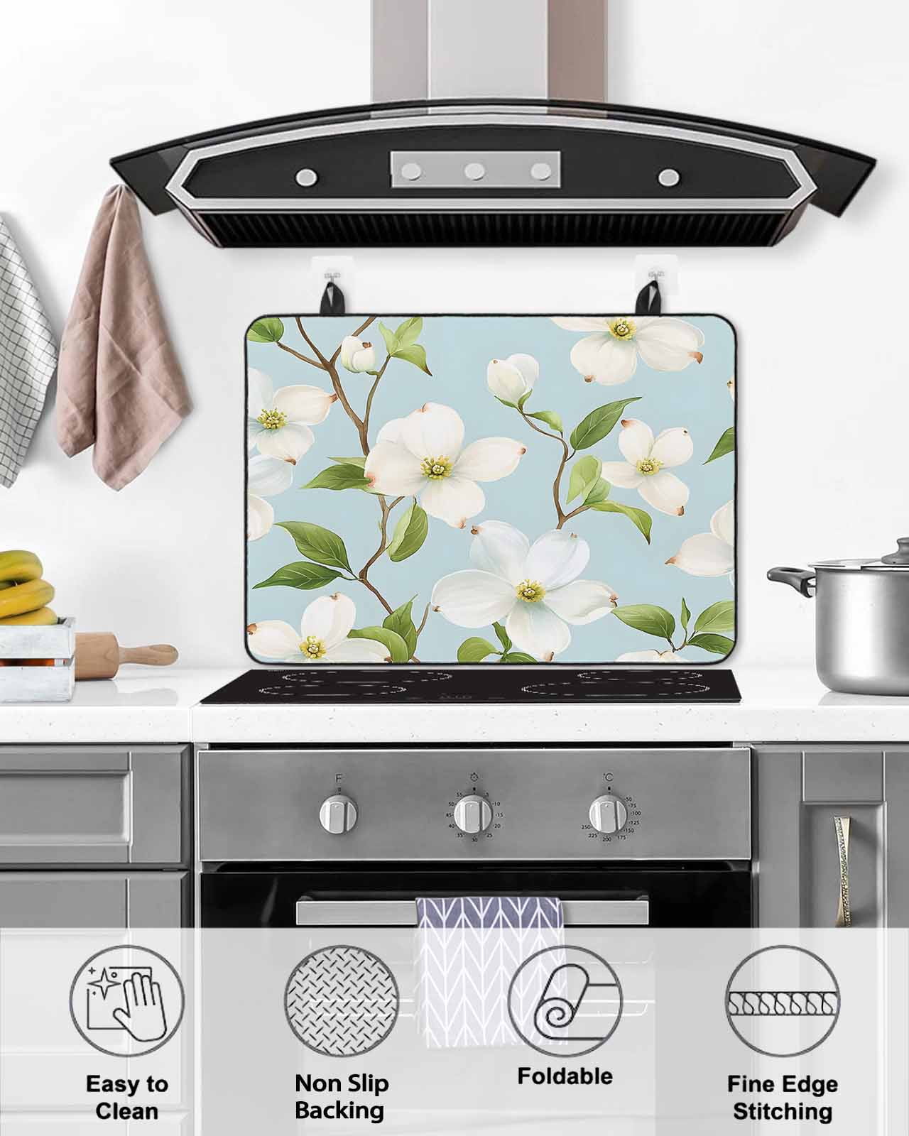nqOlkjepod Large Induction Cooktop Protector Mat 36"x21", Flower Floral Stove Top Covers for Electric Stove, Country Branch Leaves Watercolor Blue Stove Burner Cover Mats, Glass Top Stove Cover