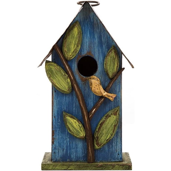 9.7" H Hanging Birdhouse for Outdoor Patio Garden Decorative Pet Cottage Distressed Wooden Bird House for Finch Swallow Wren Chickadee, Leaves Rustic White