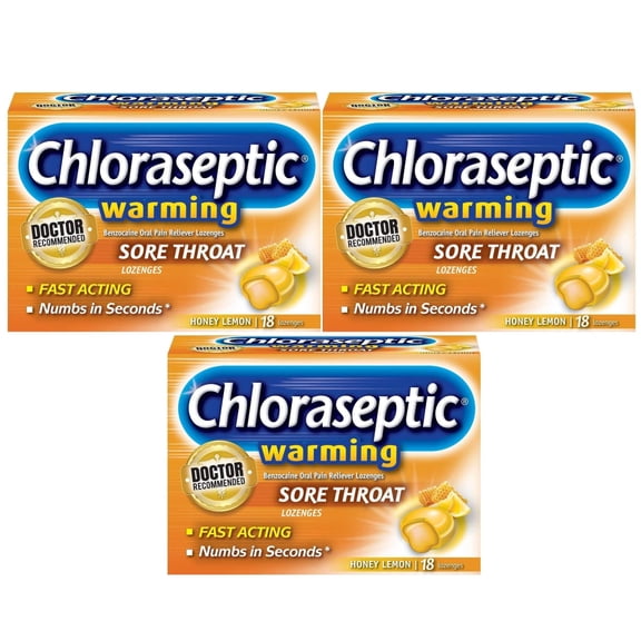 Chloraseptic Sore Throat Lozenges, Warming Honey Lemon Flavor, 18 Count, 3 Pack