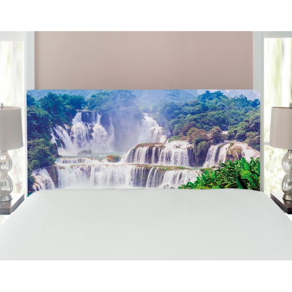 Nature Headboard, Waterfall Exotic Tropical Leaves Natural Swimming Pool Water Picture, Upholstered Decorative Metal Bed Headboard with Memory Foam, Full Size, Forest Green Pale Blue, by Ambesonne