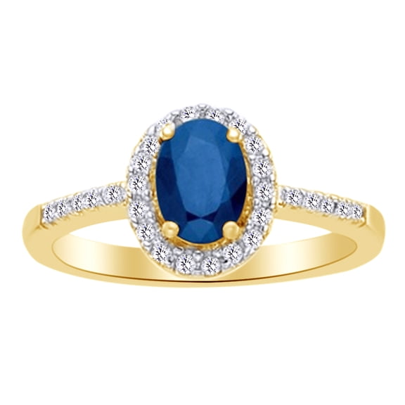 AFFY Oval Cut Simulated Blue Sapphire & White Natural Diamond Halo Ring In 10k Yellow Gold Ring Size-4