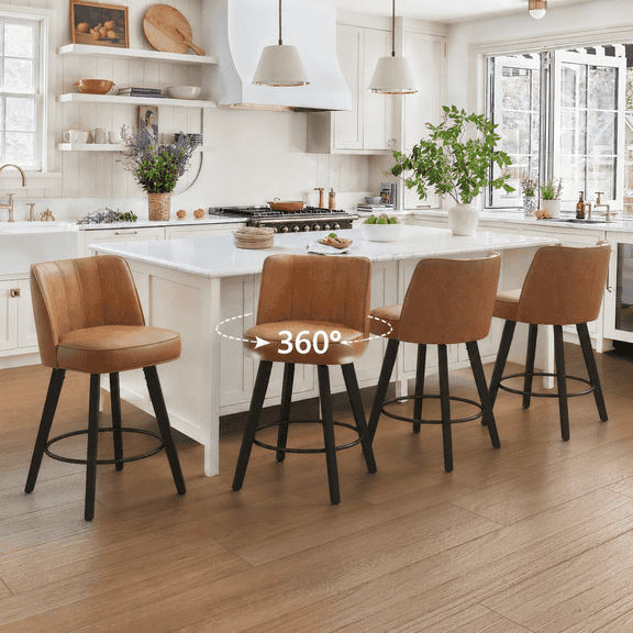Dycanpo 26" Counter Height Bar Stools with Back Set of 4, Swivel Leather Barstool Upholstery for Kitchen, Brown