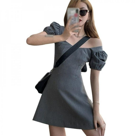 Women's Dress Korean Square Collar Floral Bubble Sleeve Dresses Waist Slimming High Waist a-Line Vestidos