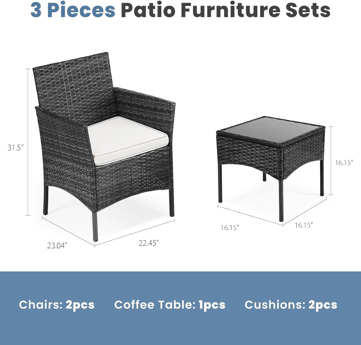 Patio Furniture Set, 3 Pieces All-Weather Rattan Outdoor Furniture Patio Chairs with Tempered Glass Table for Porch Bistro Balcony, Black