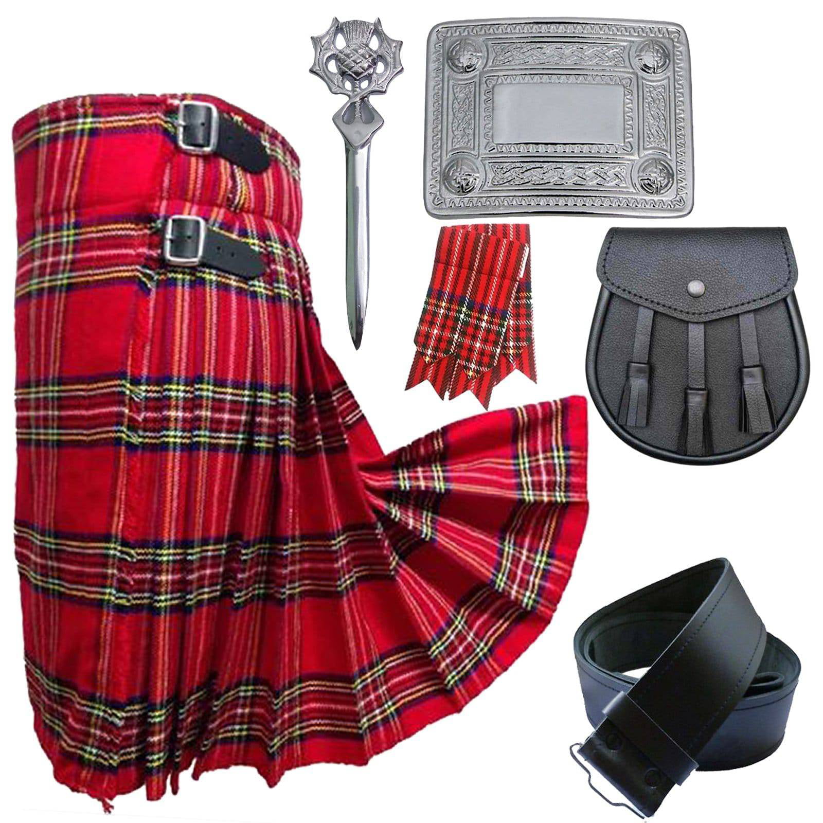 Scottish Royal Stuart 5 Yard Highland Tartan Kilt 3 Pcs Set With Accessories 