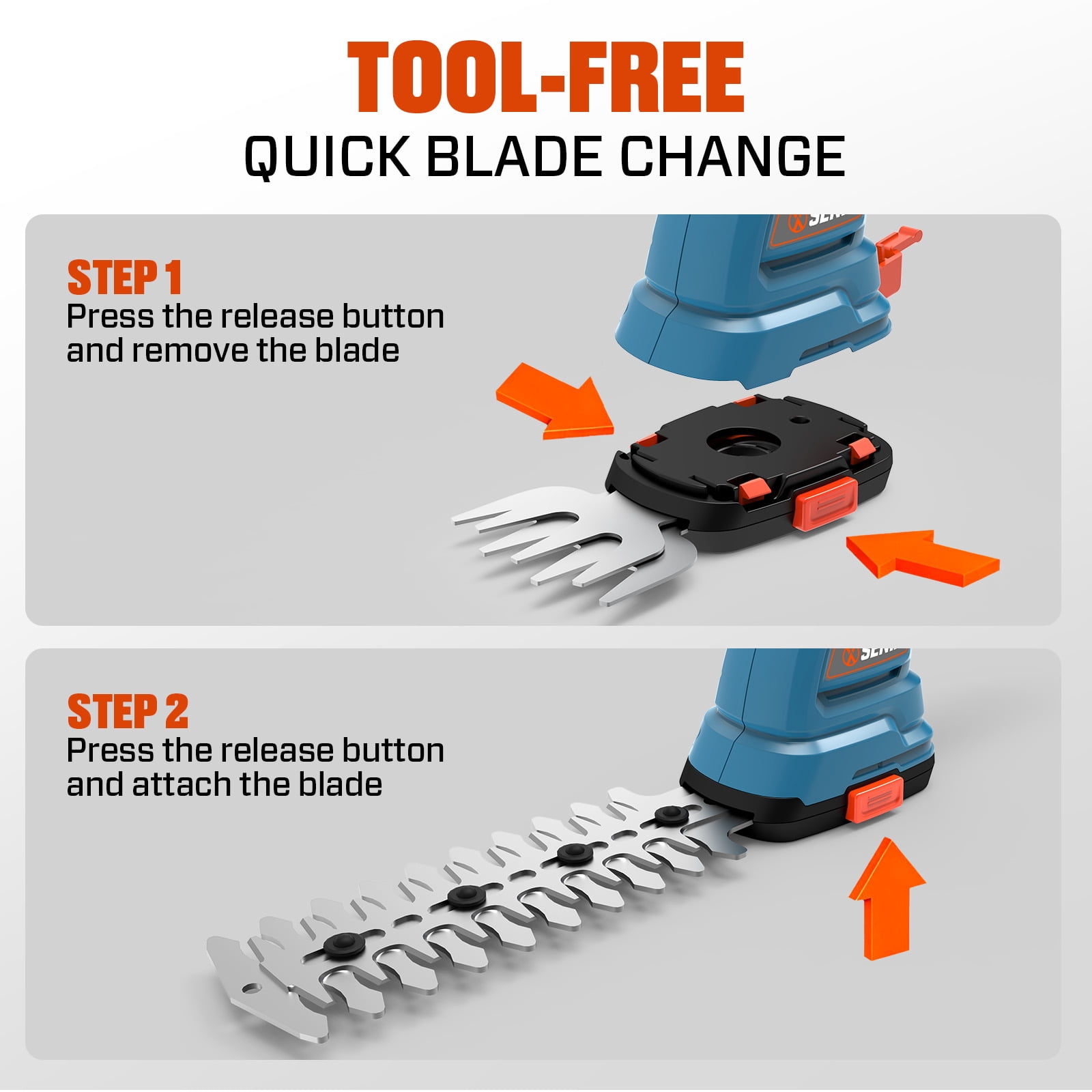 SENIX 7.2V 2-in-1 Cordless Grass Shear & Hedge Trimmer with 2.0 Ah Battery and Charger, Interchangeable 4-inch & 6-inch Blades,GSS2-L