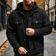 thumbnail image 2 of Jerdar Men's Faux Two Piece Hooded Denim Trucker Jacket Lapel Collar Button Flap Pockets Washed Long Sleeve Loose Fit Vintage Casual Fall Winter Streetwear Jean Outerwear Coat Top, 2 of 5