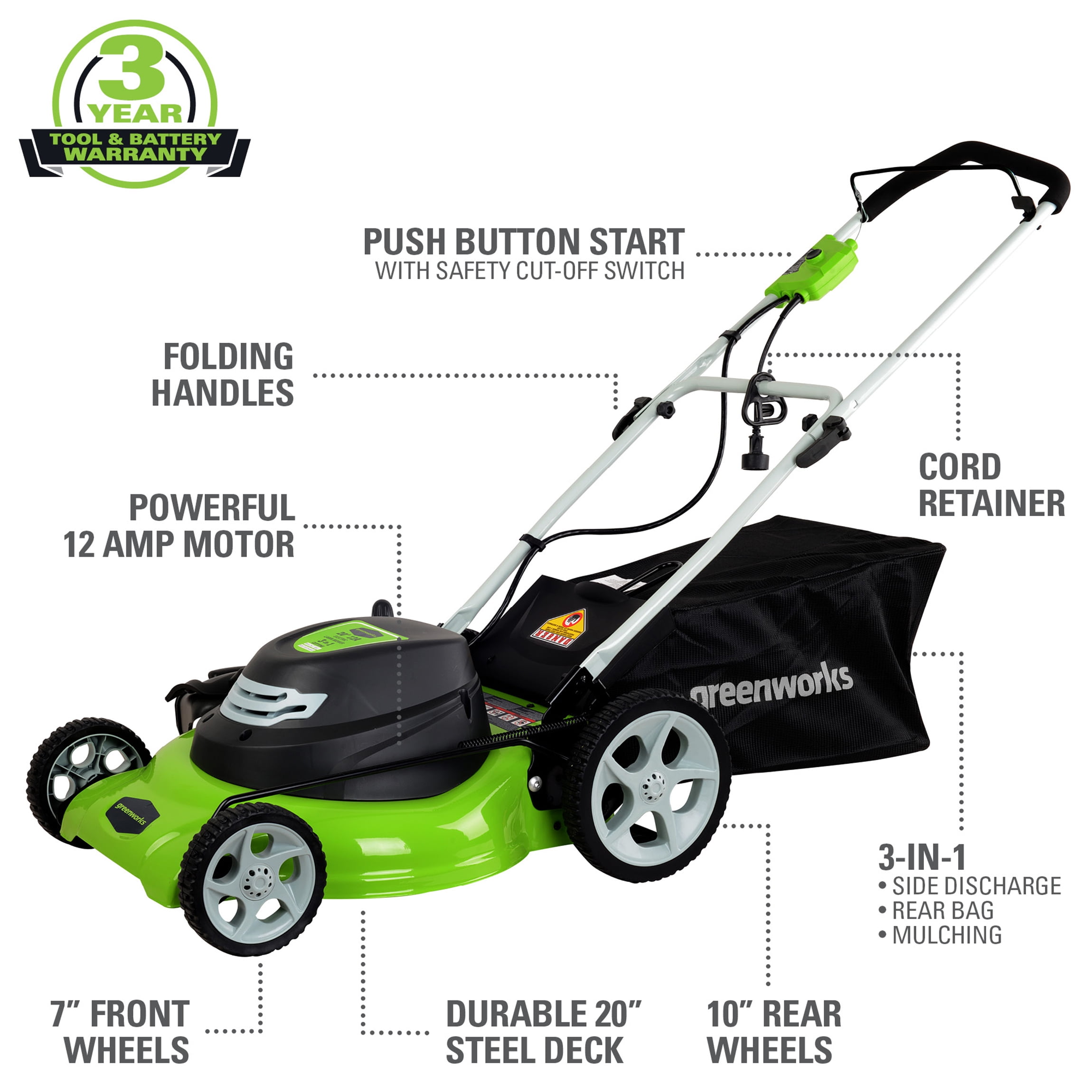 Greenworks 20-Inch 12 Amp Corded Lawn Mower 25022