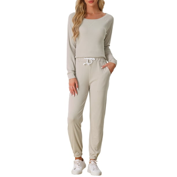 Conjunto de lounge para mujeres INSPIRE CHIC, sudadera con jogger, manga larga, cuello redondo, pijama de punto, traje de entrenamiento 2XL color caqui