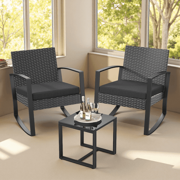 3 Piece Outdoor Rocking Chairs Set with Glass Table, All-Weather Patio Furniture Set for Porch, Poolside, Backyard, Black