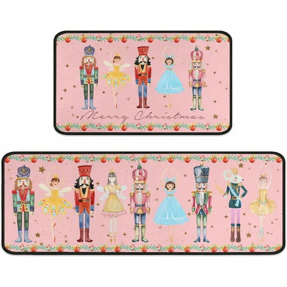 Nutcrackers Merry Christmas Kitchen Rugs Set of 2, Pink Nutcracker Christmas Decor, Merry Xmas Rug Winter Mats, Xmas Decorations for Home, Low-Profile Kitchen Floor Mat (Pink, 17"x47" 17"x30")