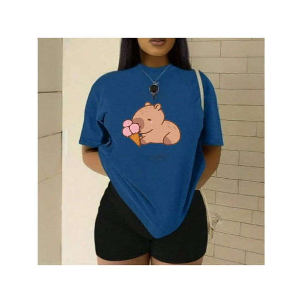 Playera blusa De Capybara Comiendo Helado Capibara Ropa De Mujer Chic Color Azul Talla Mediana Marca Emil SaEs