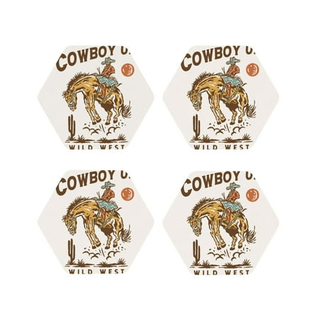 

KLL Drink Coasters Set Hexagon of 4 PU Leather Absorbent Coasters Set Decorative Coffee Cup Coasters Housewarming Gift for Home Decor-Cowboy Up Vintage Wild West