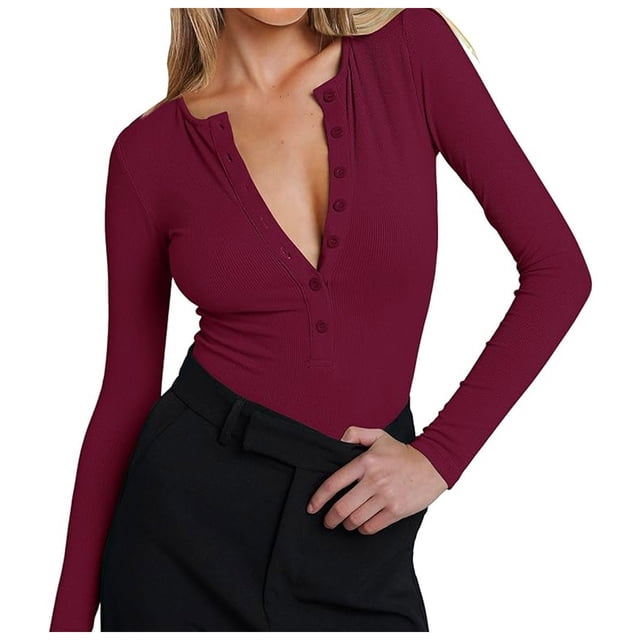 Top de punto ajustado con botones para mujer - Camiseta informal de manga larga con cuello redondo, tejido elástico de poliéster (tallas S-XL)