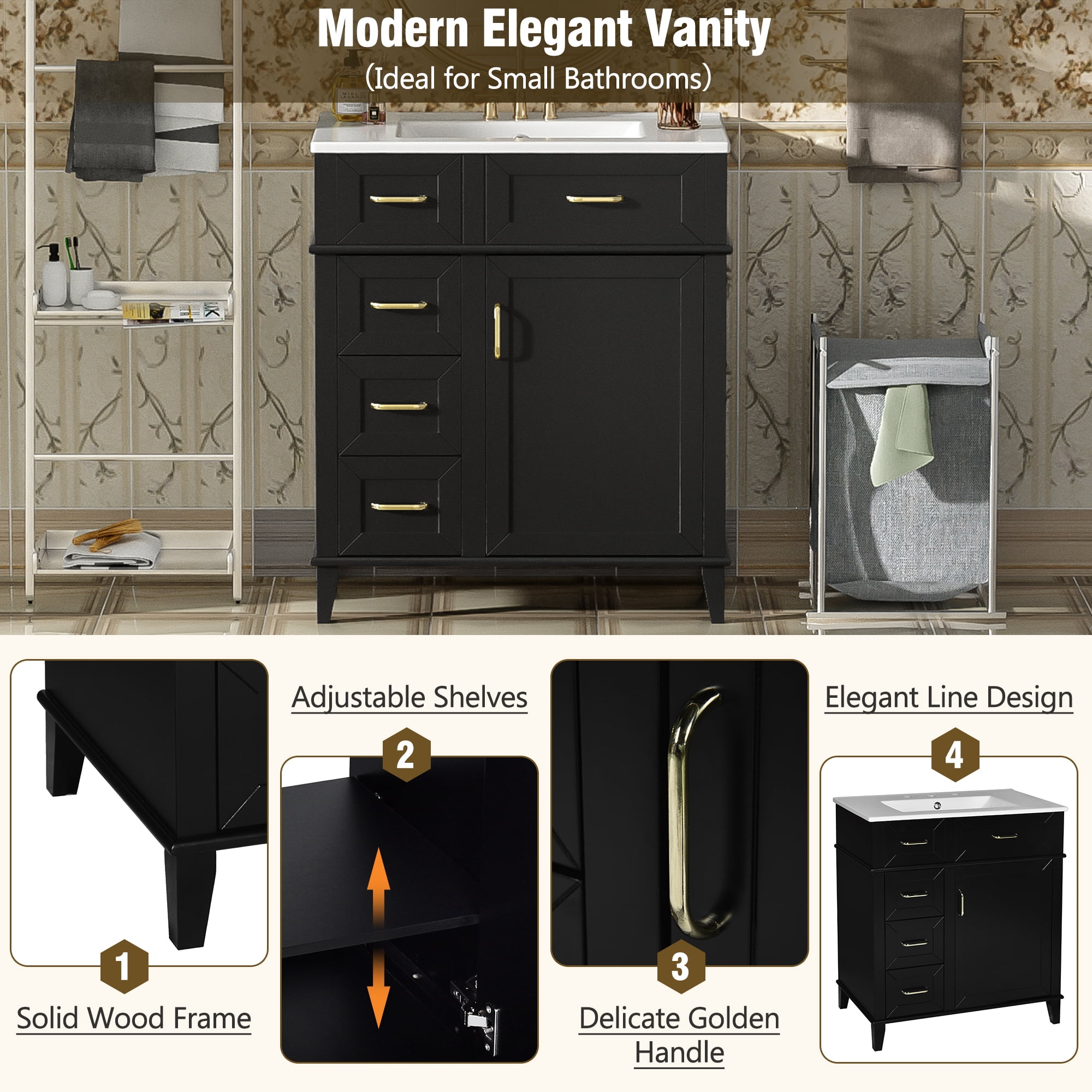 EUROCO 30" Bathroom Vanity with Ceramic Sink,Solid Wood Bathroom Makeup Cabinet with Soft Close Door,Adjustable Shelf and 3 Drawers,Free Standing Single Basin Vanity Set for Bathroom,Black