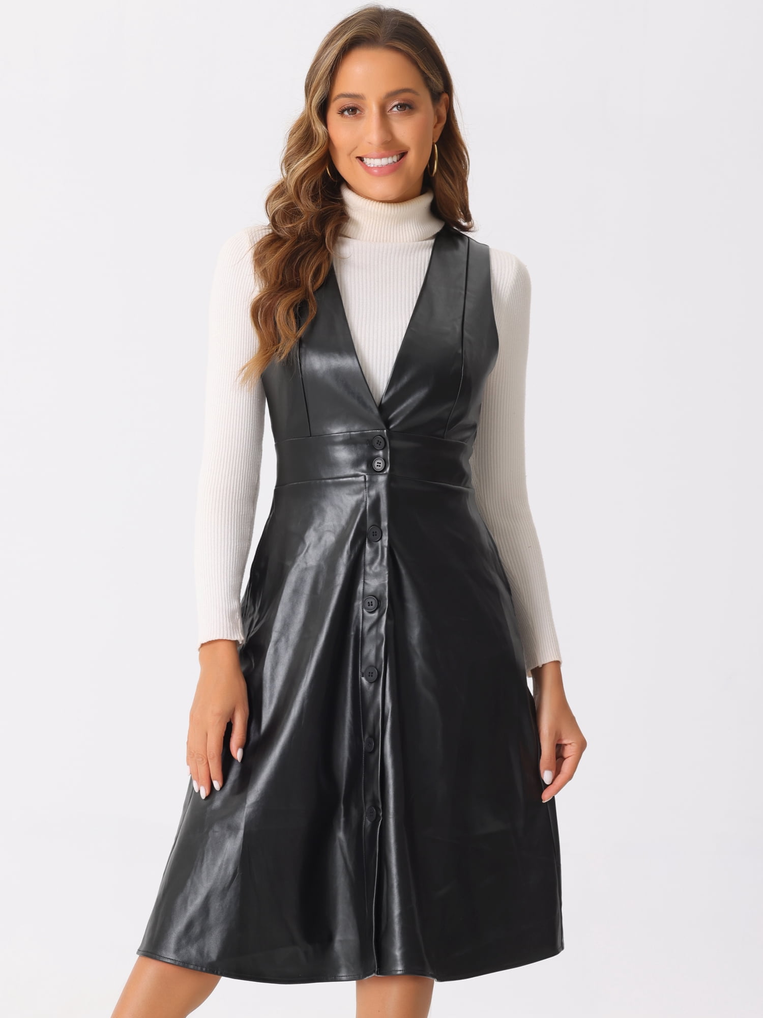 DARING DIVA Women's Faux Leather V Neck Button Down Midi Dress XS Black