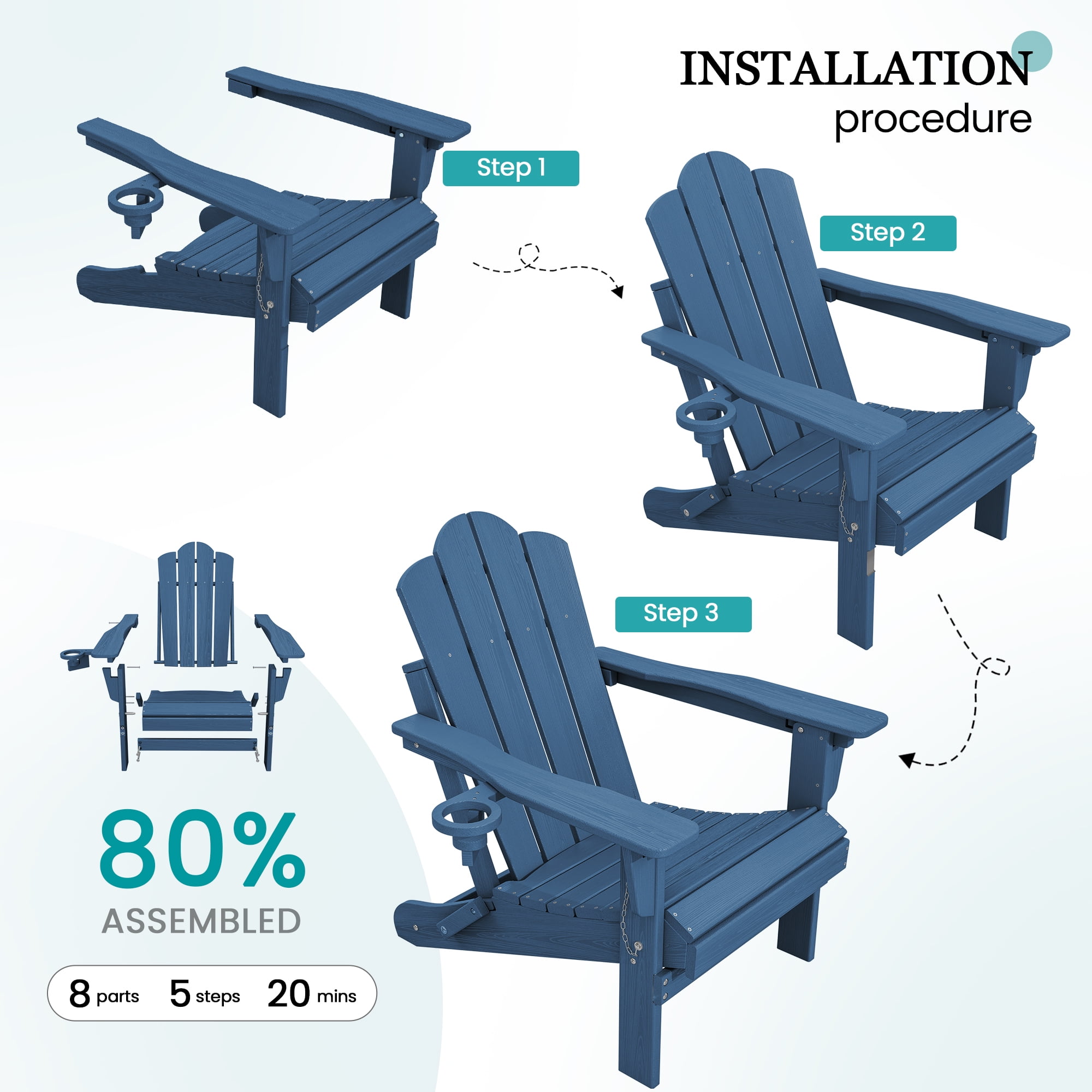 KINGYES Folding Adjustable Adirondack Chairs Set of 4, All Weather Use Reclining Adirondack Chair, HDPE Adirondack Outdoor Chair - Blue