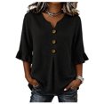 thumbnail image 2 of thefmos Women's V Neck Pullover Blouse 3/4 Sleeve Loose Fit Lightweight Solid Color Casual Top Summer Fall Outfit, Black L, 2 of 5