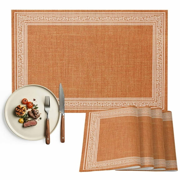Country Orange Placemats Set of 2 Greek Key Design Linen Texture Farmhouse Heat Insulated Linen Place Mats, Washable Stain-Proof Table Mats for Dining Tables Holiday Decor 13x19inch