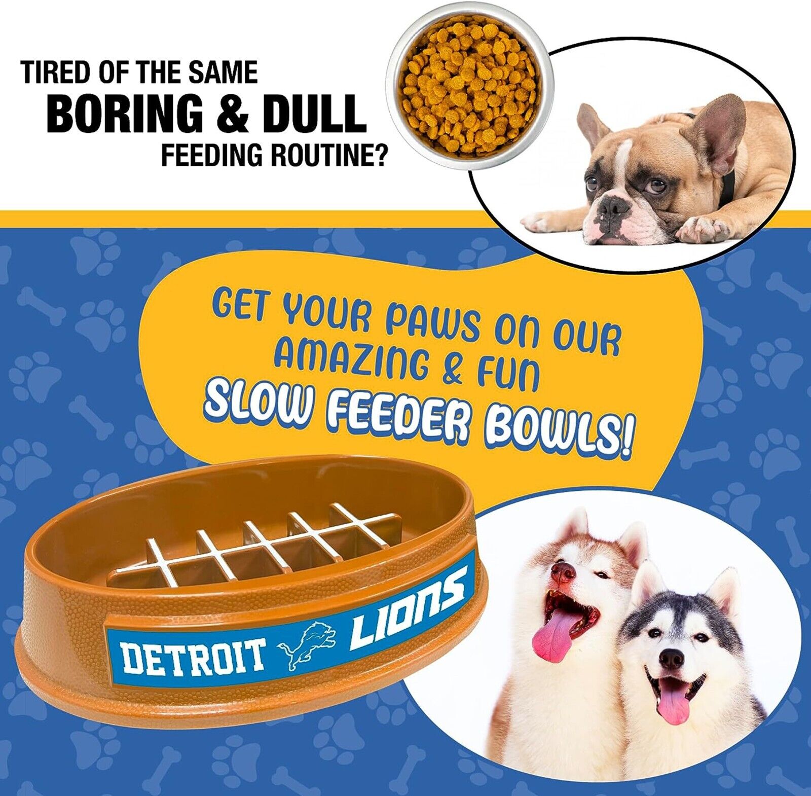 Pets First NFL Detroit Lions Super-Bowl Slow Feeder Bowl for Dogs and Cats, Football Design for Healthy Digestion, Non-Slip, for Large & Small Pet