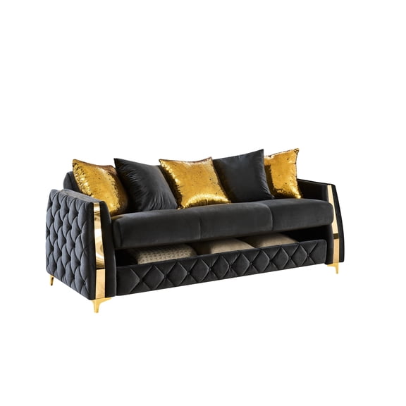 Lippa Modern 3-Seat Sofa Sleeper with Storage and Gold Legs in Black