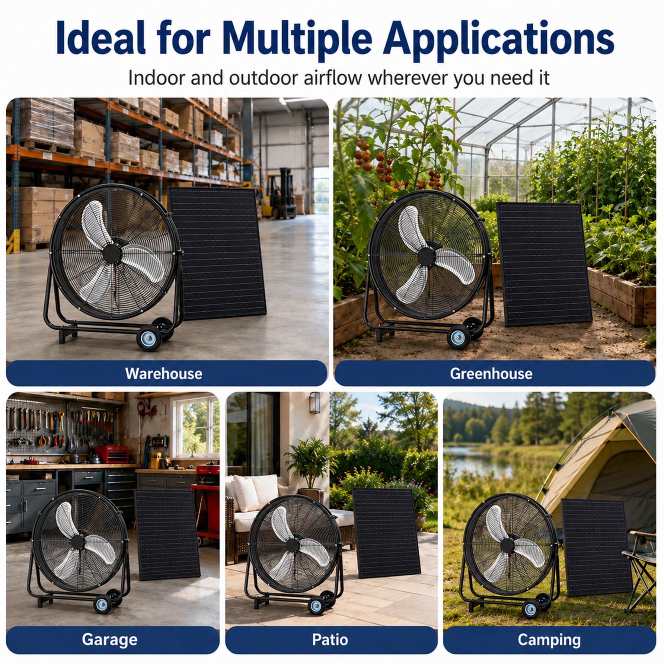 Noble House 24" Solar Floor-Standing Drum Fan, 140W Adjustable Panel Mobile Vent Fan with Casters, Black