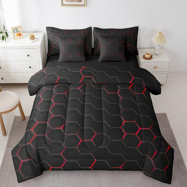Ensemble de Literie 7 Pcs Rouge à Imprimé Nid d'Abeilles, Sac de Lit Format Grand, Drap-Housse Géométrique; Ensemble de Lit Moderne Abstrait, Literie à Carreaux Réticulés Noirs, Ensemble de Couette et Draps, Housses de Coussin Géométriques Ruche