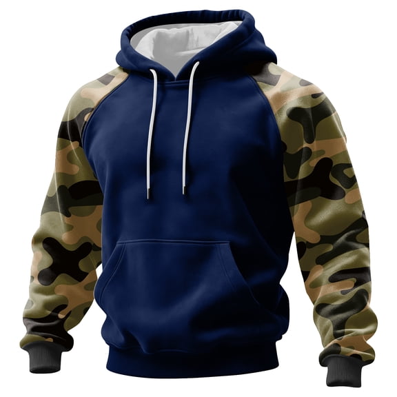 Men’s Pullover Hoodie with Raglan Camouflage Sleeves and Adjustable Drawstring Hood for Everyday Wear Dark Blue L