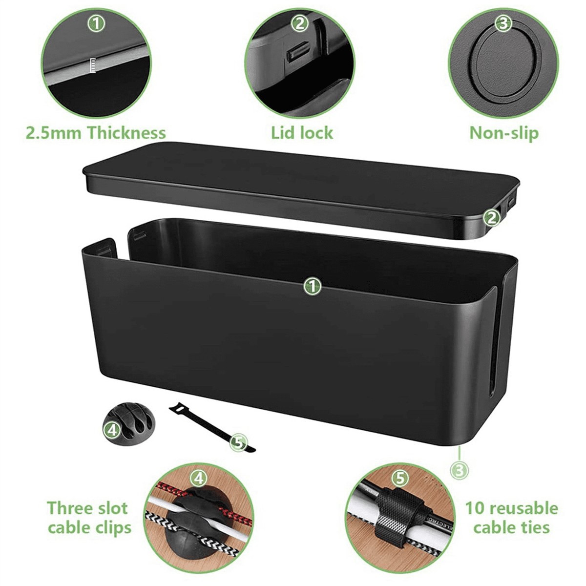 3X Cable Management Box, Wire Storage Box, Used to Hide the Power Strip, Suitable for Home/Office (Black)