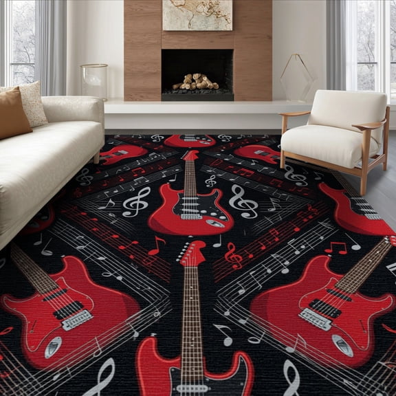 ODIKA 8'x10' Washable Area Rug Durable, Non-Slip Red Black Guitar Music Print Record Vinyl Themed Electric with Treble Clefs for Living Room, Under Sectional, Family