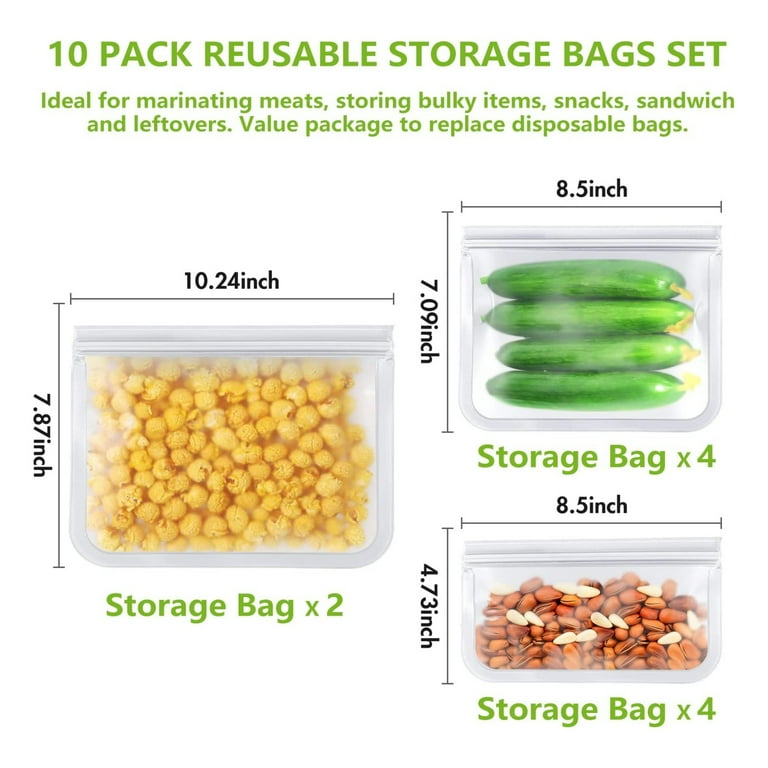 NBPOWER 10 Pack Reusable Food Storage Bags, 2 Large Bags & 4