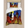 thumbnail image 3 of Cat Queen Size Duvet Cover Set, Two Love Cats Sitting on Roof in Old Town and Looking at Starry Sky Night Funk Artprint, Decorative 3 Piece Bedding Set with 2 Pillow Shams, Multi, by Ambesonne, 3 of 3