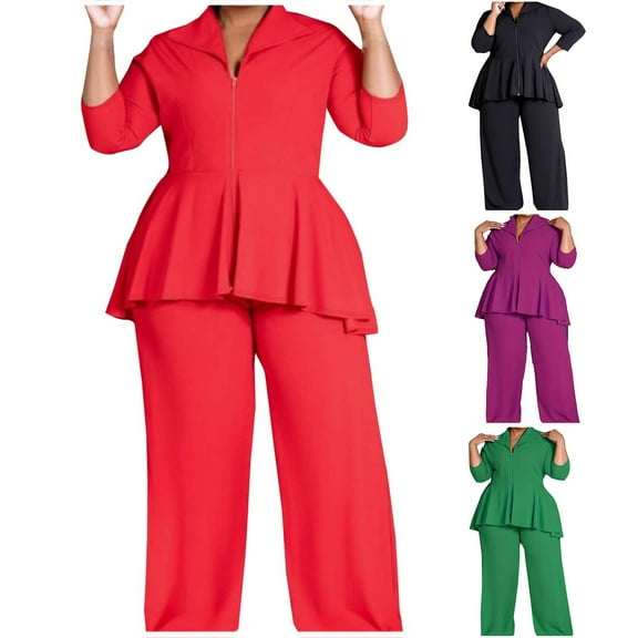 Miluxas Women's 2 Piece Outfits Sweatsuit Set Plus Size Long Sleeve Lapel Zipper Top Wide Leg Pants Tracksuits Solid Casual Set Red XL(XL)