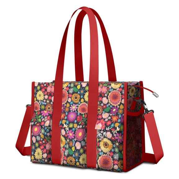 Teacher Tote Bag,Pioneer Flower Floral Print Pattern Teacher Utility Tote Bag,Large Work Tote Bags for Women with Multiple Pockets,Top Zipper Closure,13.8x10.6x6.7 Inch