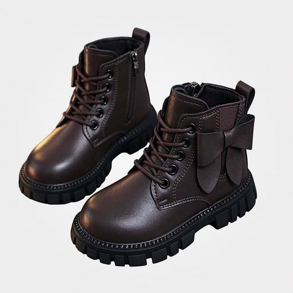 Viluyesy Girls Combat Ankle Boots, Faux Leather, Lace Up Front, Side Zipper, Decorative Bow Accent, Rugged Lug Sole Brown Size 12.5 Little Kids