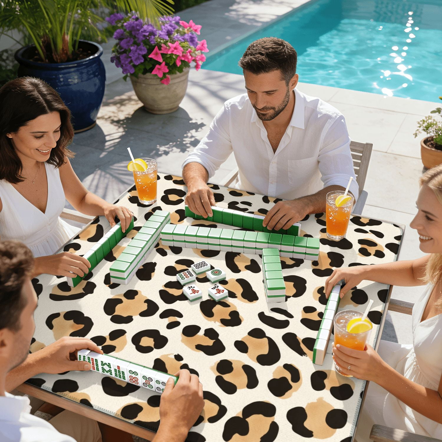 Mahjong Mat 31.5" x 31.5" Animal print leopard texture Non-Slip Noise Reduction American Mahjong Tiles Table Cover for Dominoes Poker Card Board Games Gift