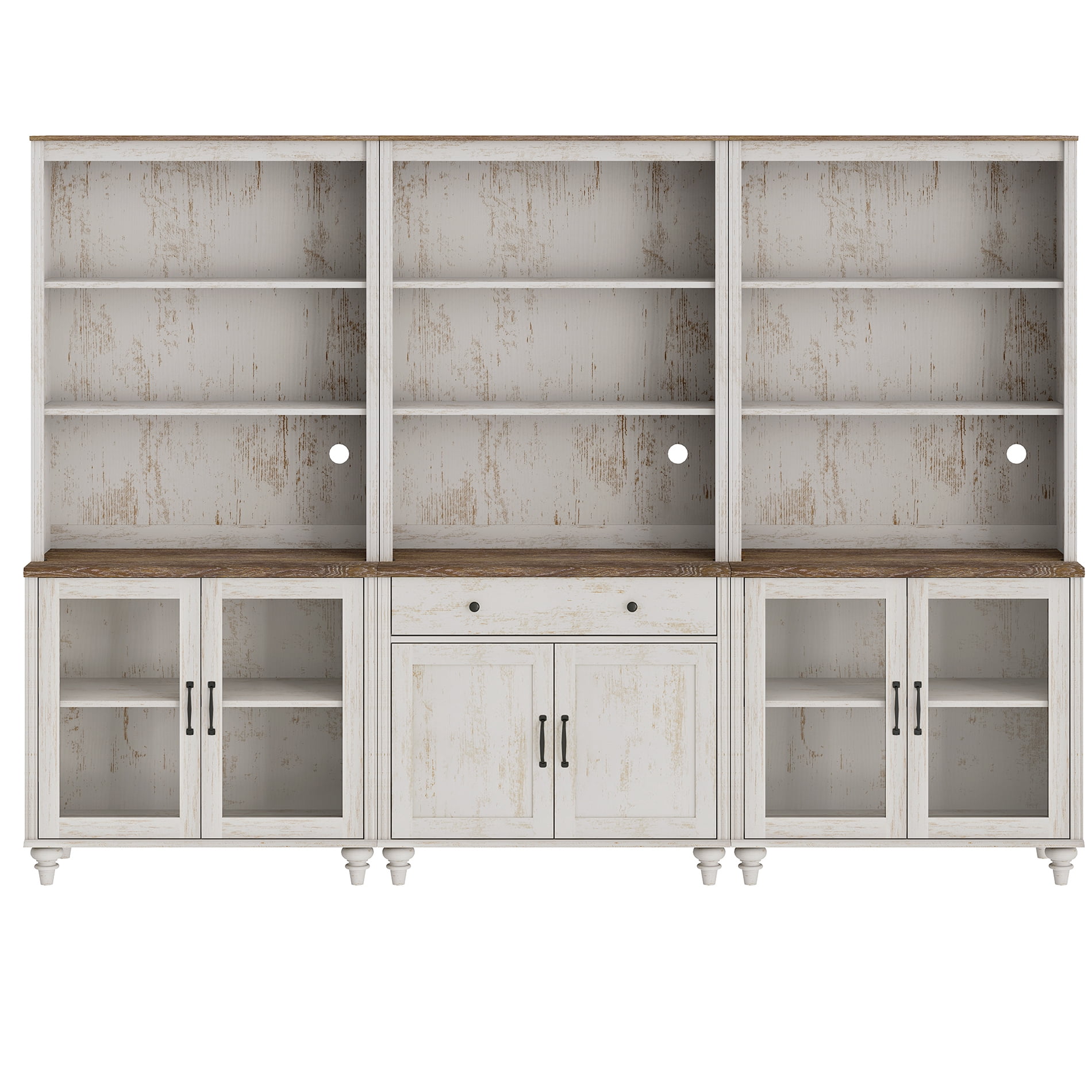 Farmhouse 5 Tier Bookcase With Doors & Drawer, Rustic White, 101.6" W