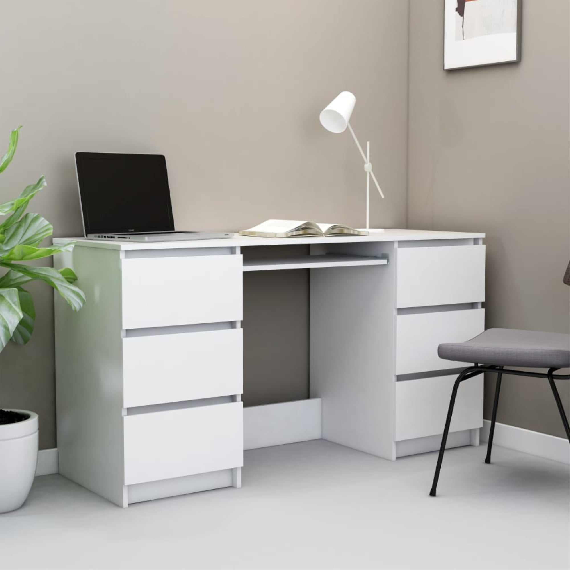 vidaXL Corner Desk Drawers White 57.1" Chipboard Computer Study Work Station 