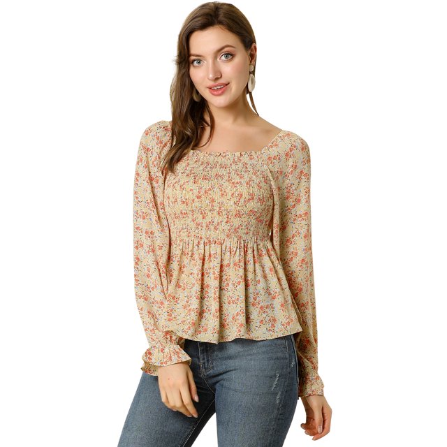 Top De Blusa De Gasa Con Cuello Cuadrado Con Estampado Floral Y Fruncido Hombros Descubiertos Para Mujer Amarillo M