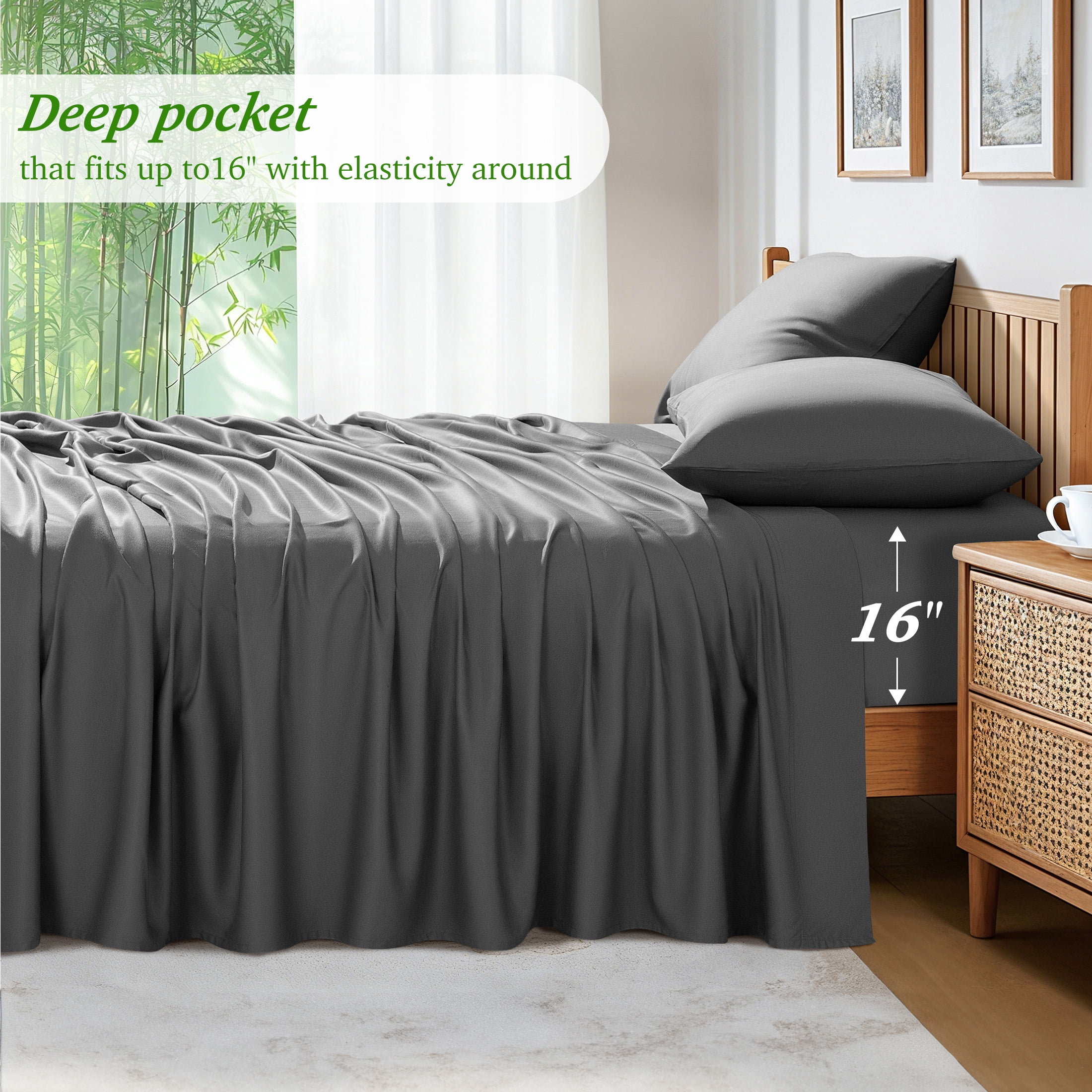 AiAngu Bamboo Full Sheet Set, Luxury Soft 4 Pieces Bed Sheets with 18" Deep Pocket, Dark Gray