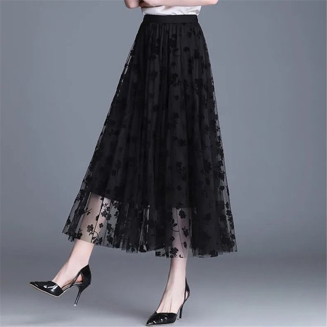 Falda Floral de malla para Mujer, falda larga de gasa de cintura alta, elegante, con estampado Floral, para primavera, verano y otoño, 2023