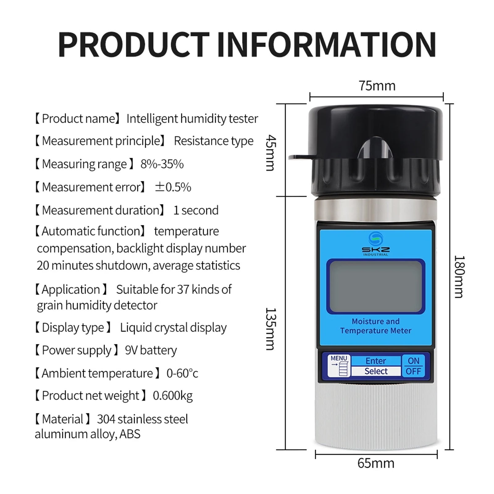 37 Kinds Grain Moisture Meter LCD Display 0-60°C Humidity Meter Grains Seeds Wheat Rice Peanuts Coffee Beans Hygrometer